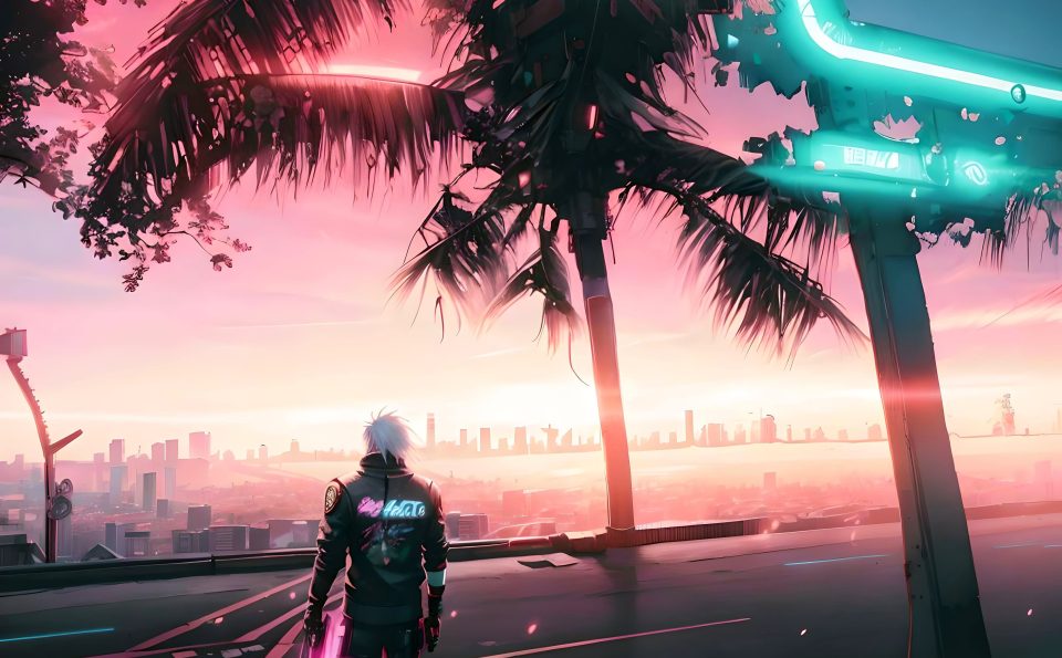 Bright morning light in cyberpunk city