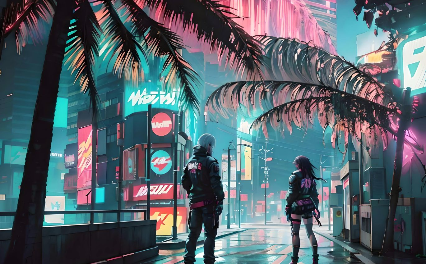 Young couple in cyberpunk city
