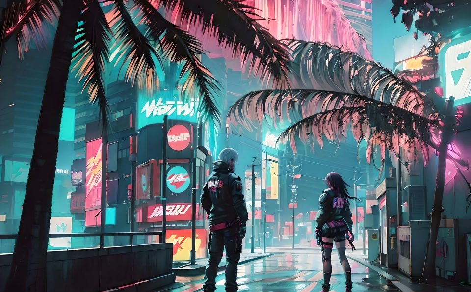 Young couple in cyberpunk city