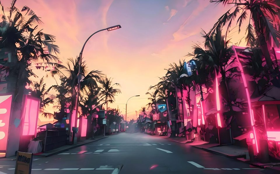 Empty palm tree lined road at sunset