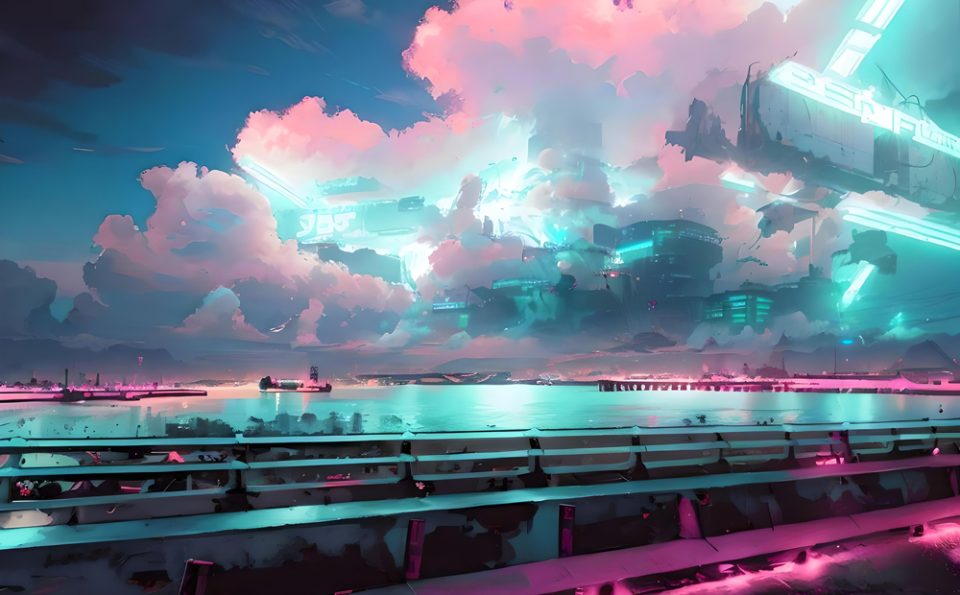 Buildings and cyberpunk devices emerging from the clouds