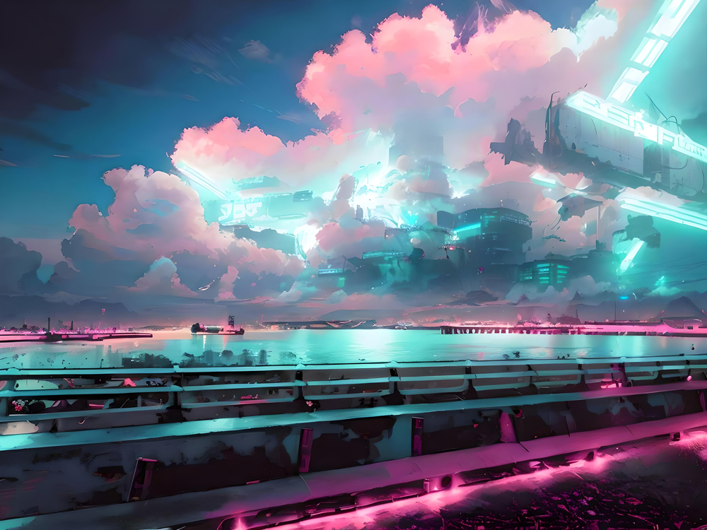 Buildings and cyberpunk devices emerging from the clouds