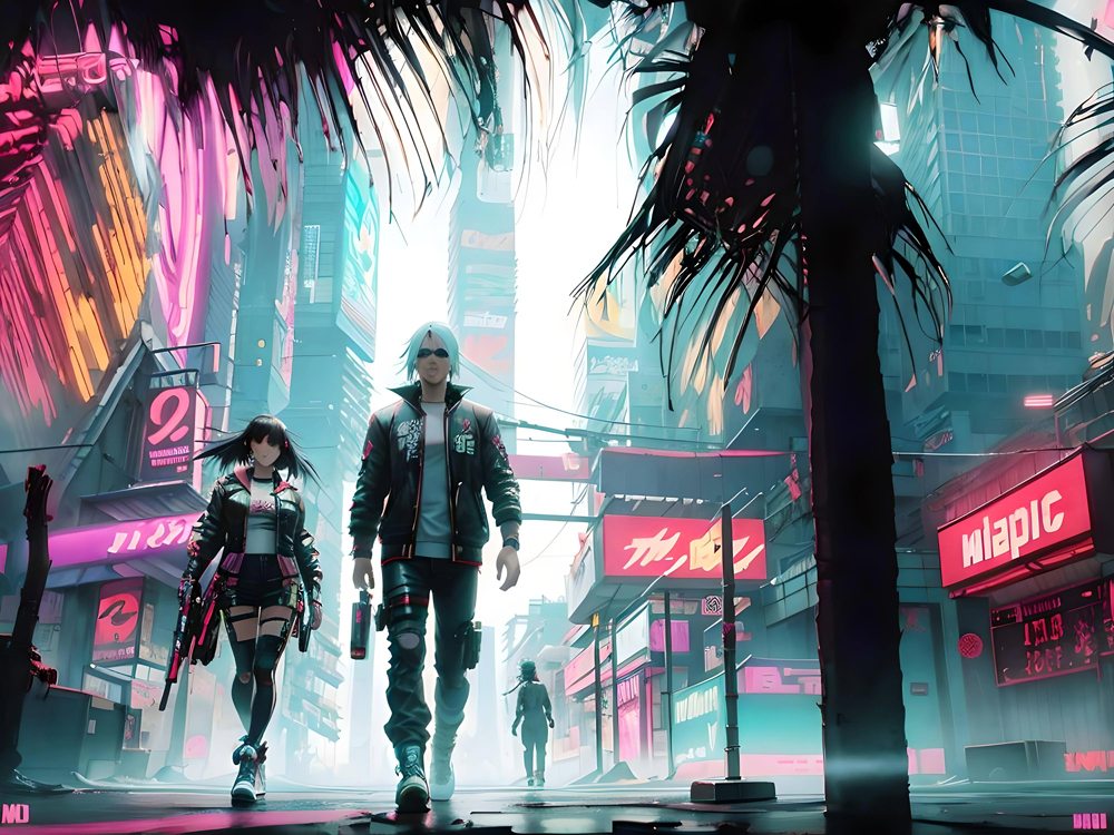 Young couple in cyberpunk city with machine gun