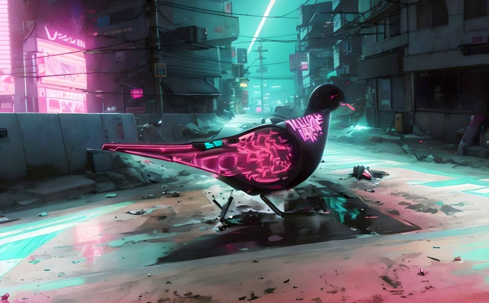 Cyberpunk Pigeon and the Ray of Light in the Midnight Sky