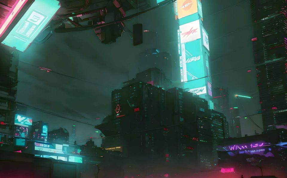 Huge building in cyberpunk city