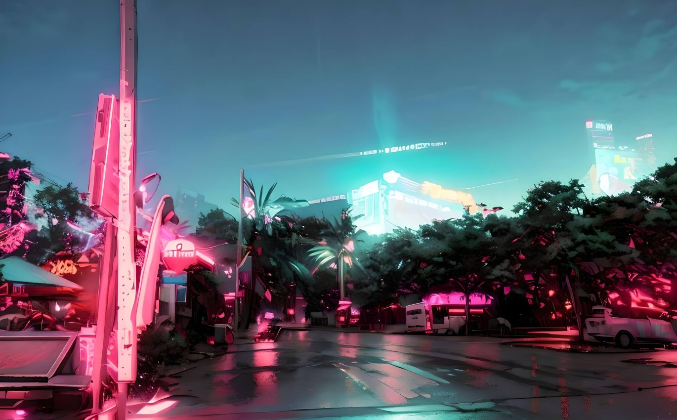 An alleyway after the rain where you can see letters floating in the sky