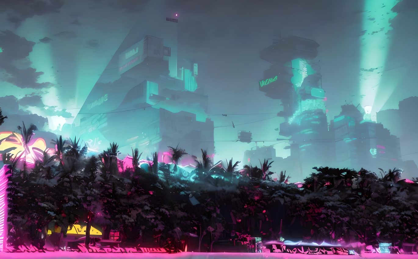 Laser beams emitted from skyscrapers along the beach