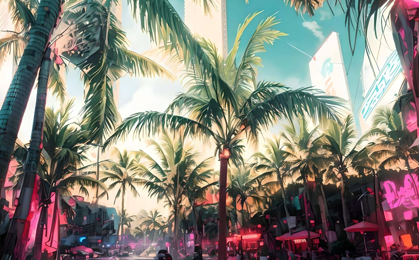 Cyberpunk city filled with palm trees