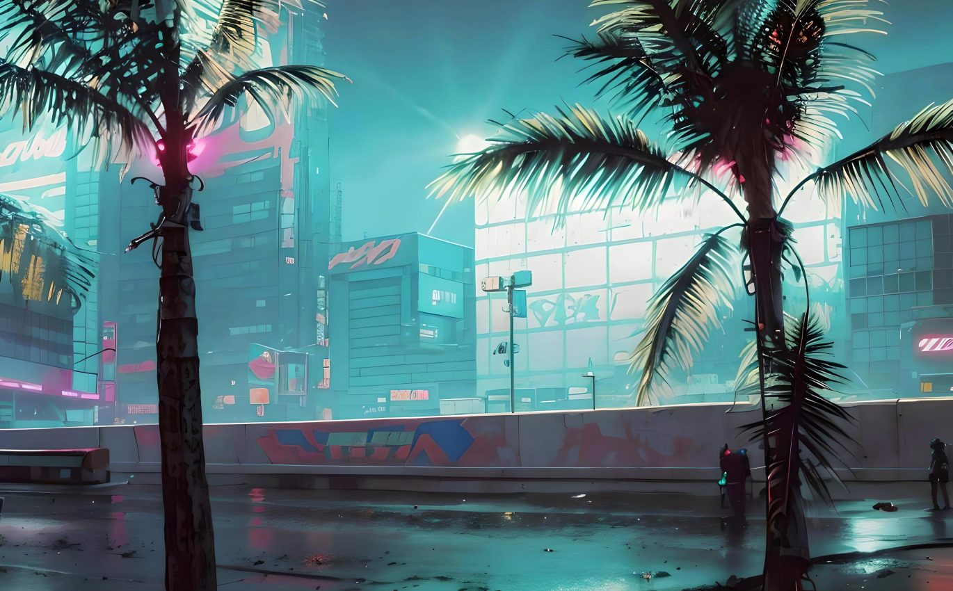 Dazzling sunlight through palm trees seen from the viaduct