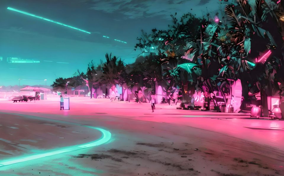 Beach lined with tropical plants and rental surfboards