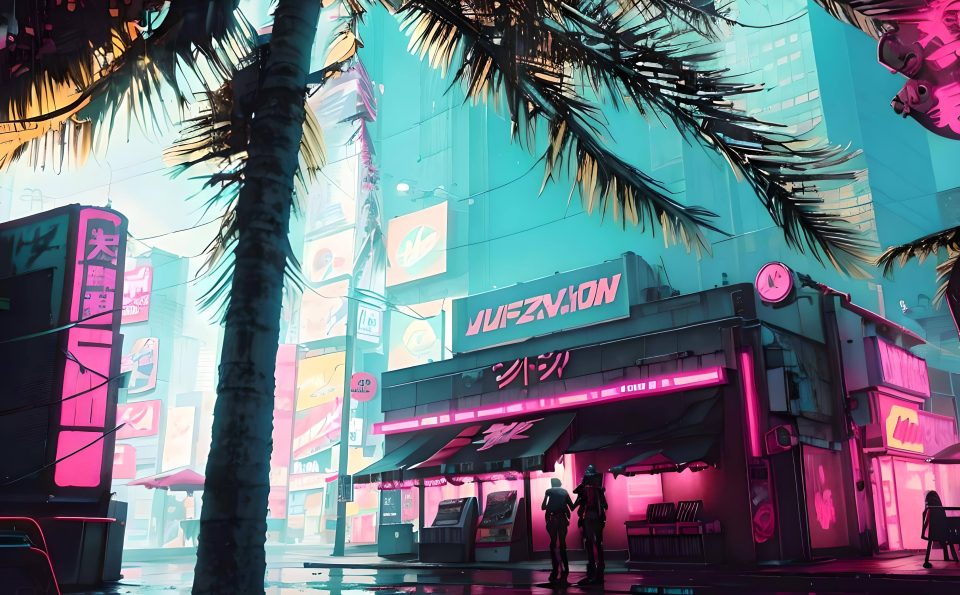 Couple standing in front of a bar with pink neon light