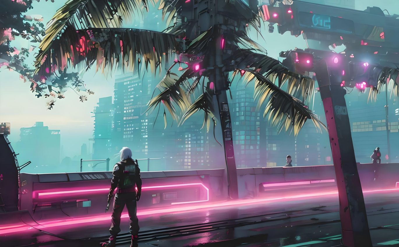 Man looking at the city from the side of a cyberpunk palm tree