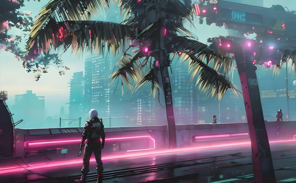 Man looking at the city from the side of a cyberpunk palm tree
