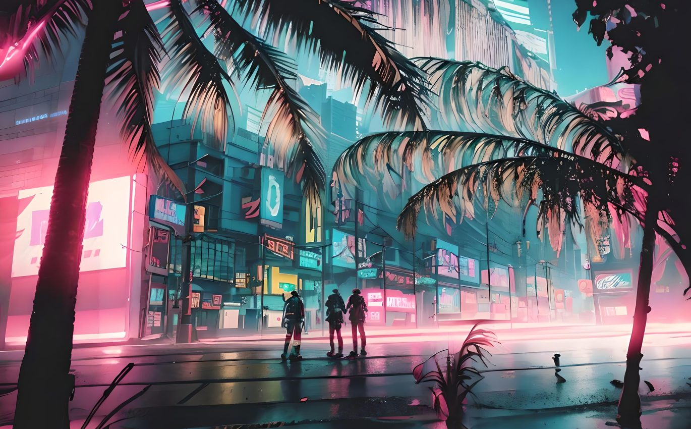 Three people lost in an empty cyberpunk city