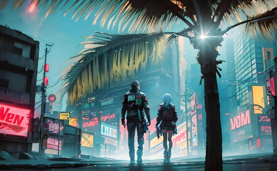 Couple in tropical cyberpunk city