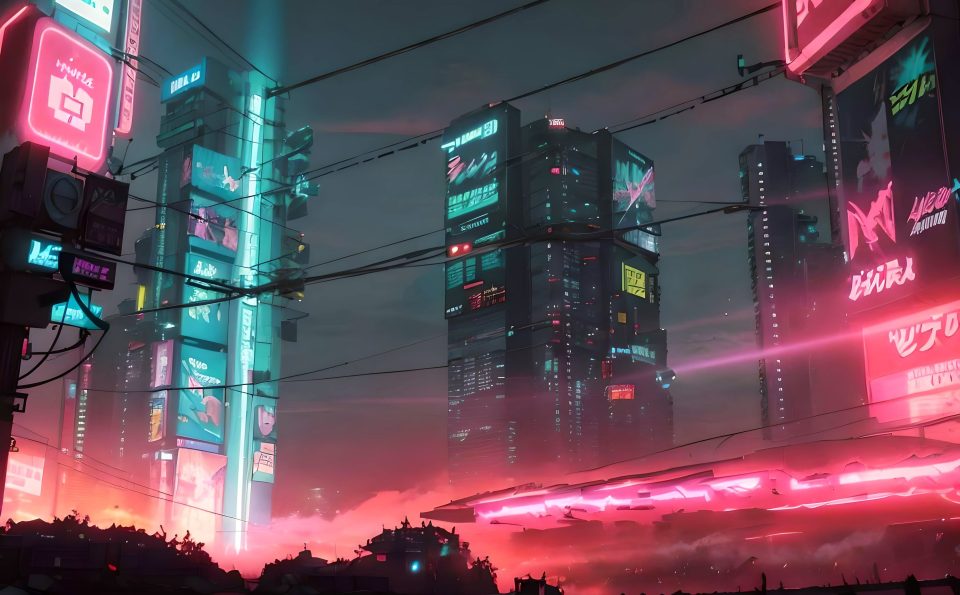 Red explosions and multi-tenant building with screens