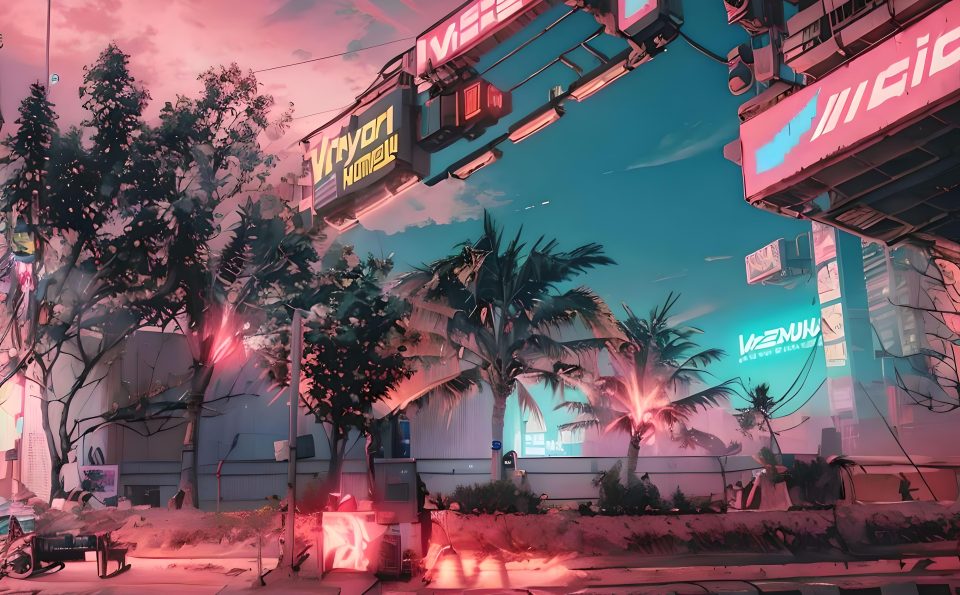 Neon boxes above the road