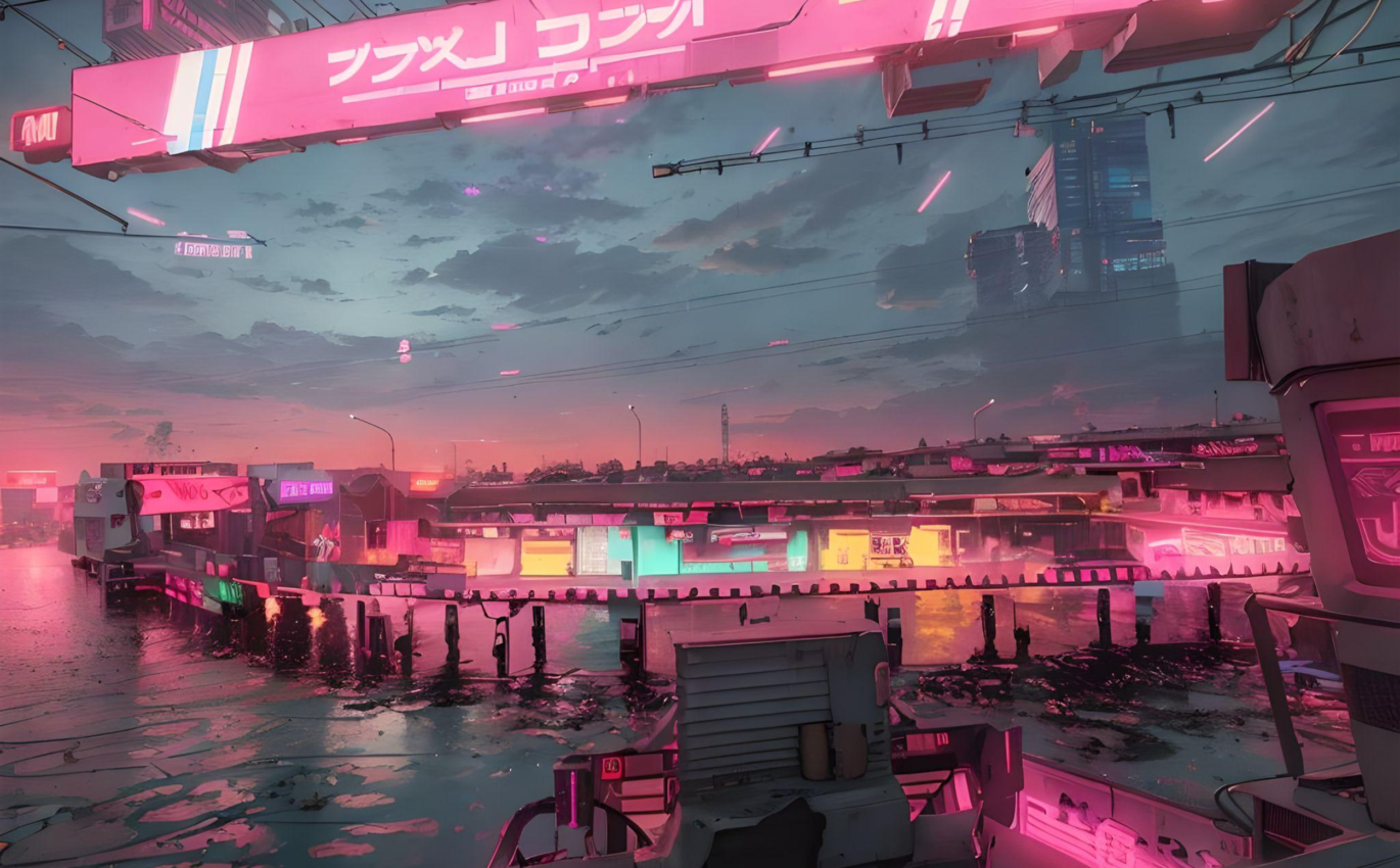 Bright neon lights on the pier at low tide