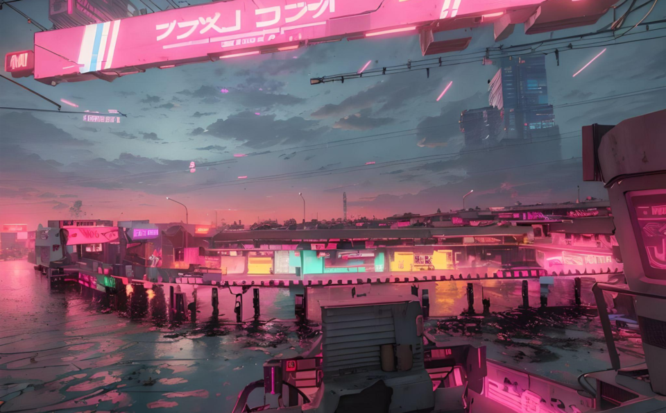 Bright neon lights on the pier at low tide