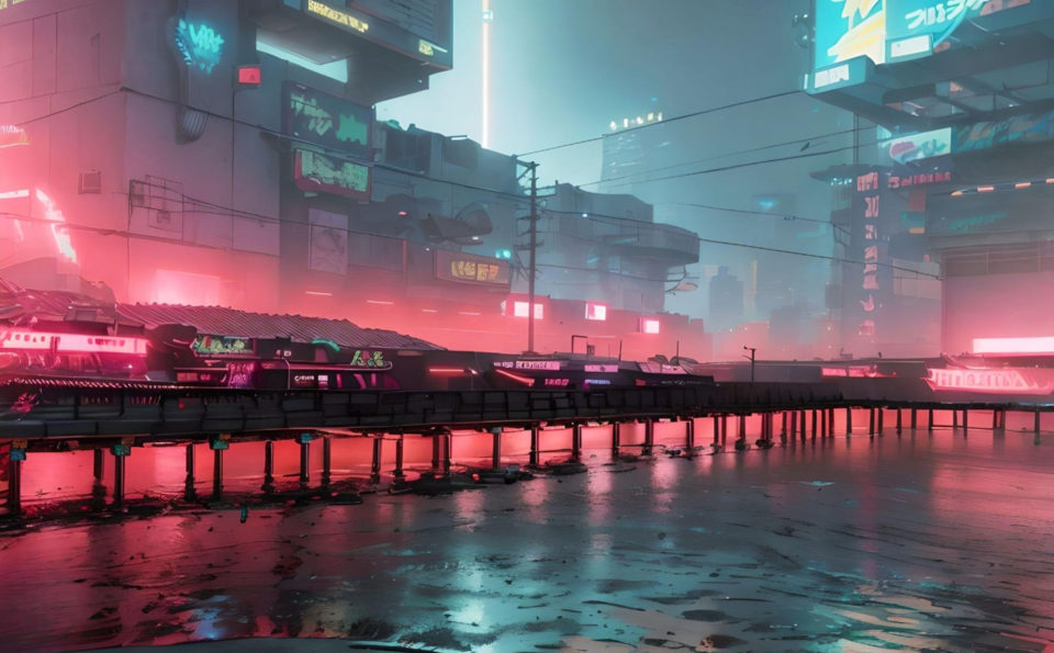 Dock in a hazy cyberpunk city