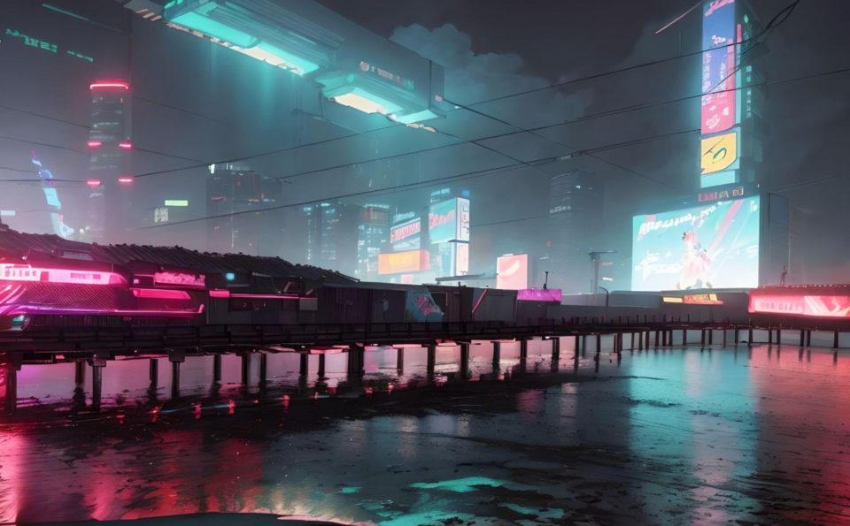 Lights illuminating the pier in Cyberpunk City