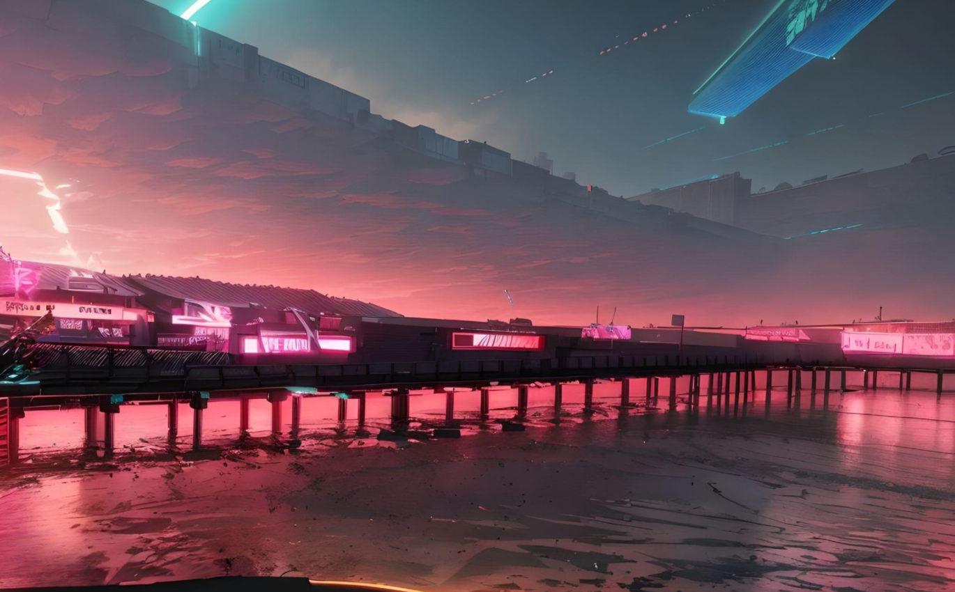 The surface of the sea beneath the pier is stained pink